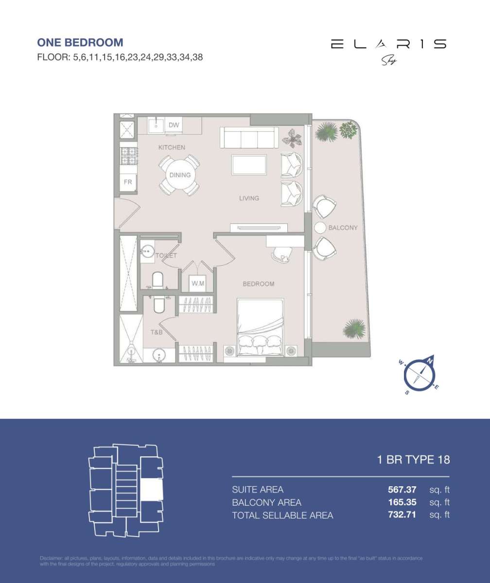 1BR-Type 18 | Elaris Sky offers 1-bedroom apartments in JVT District 3, Jumeirah Village Triangle, Dubai.